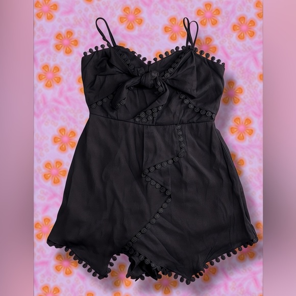 Pants - Black Pom-Pom Trim Spaghetti Strap Romper